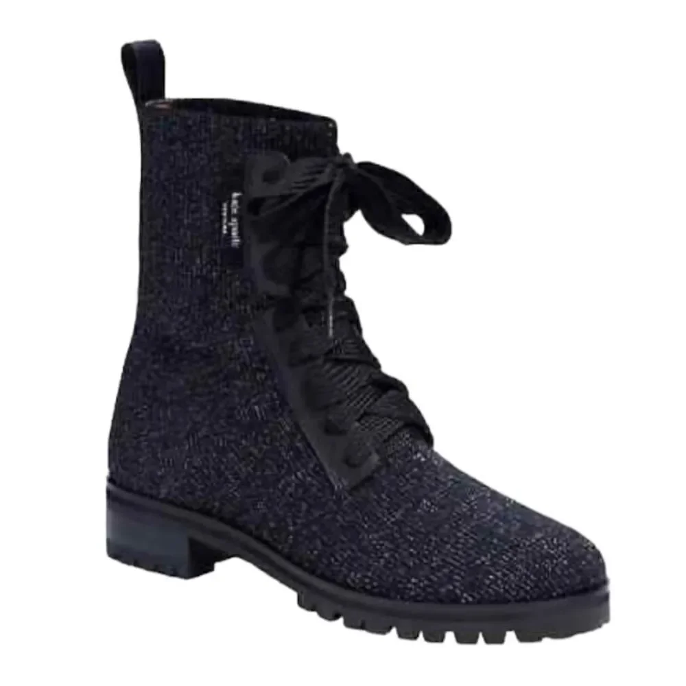 Kate Spade Merigue Knit Combat Boots Black Silver Sparkle Size 7.5